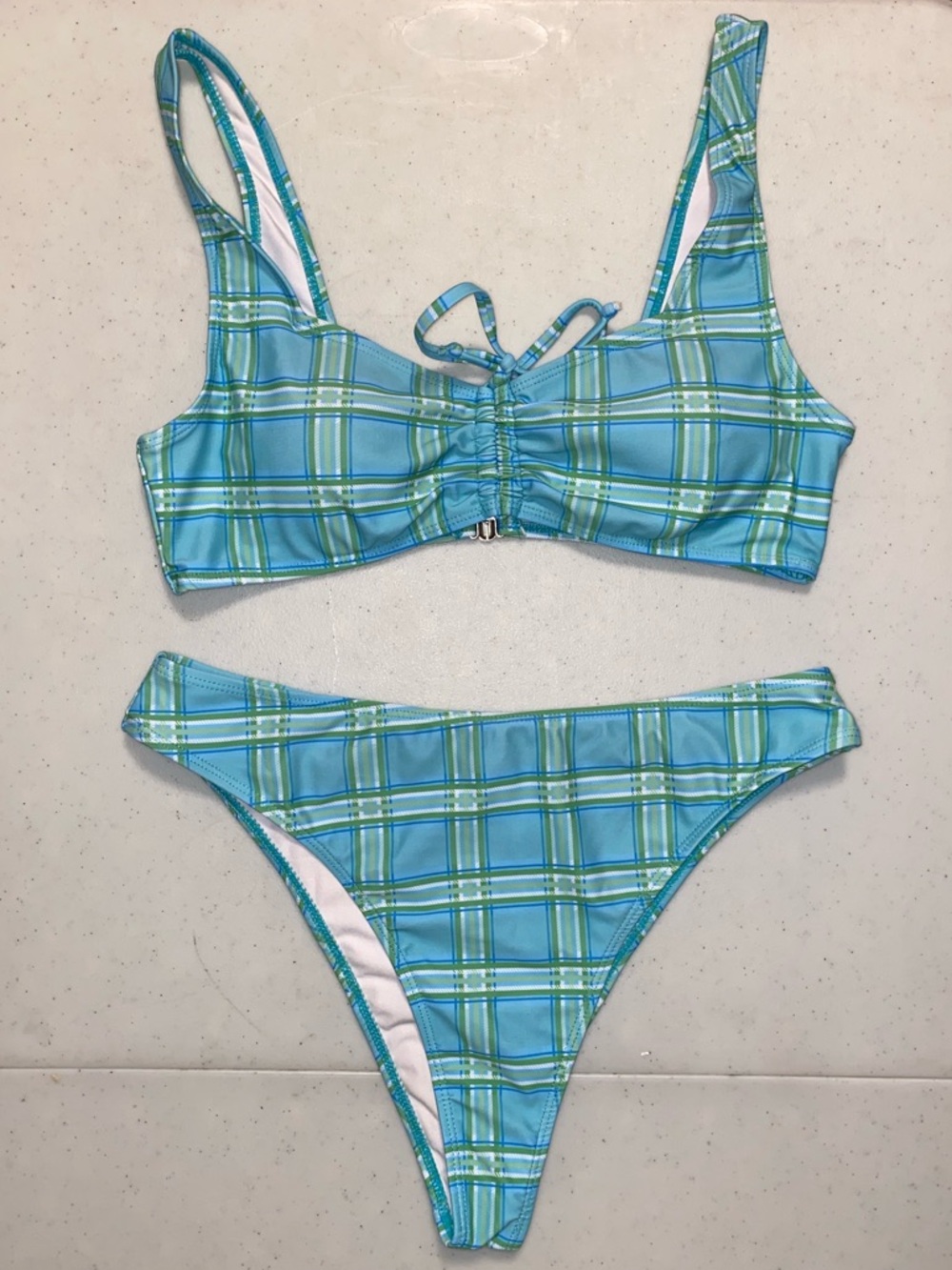 Tunnel Vision Blue and Green Plaid Two-Piece Bikini Set